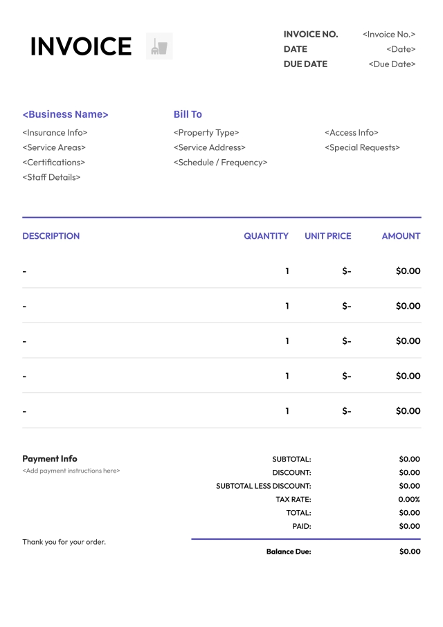 Clean cleaning service invoice template