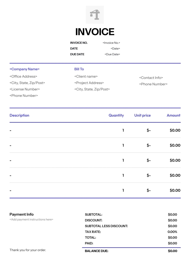 Lines construction invoice template