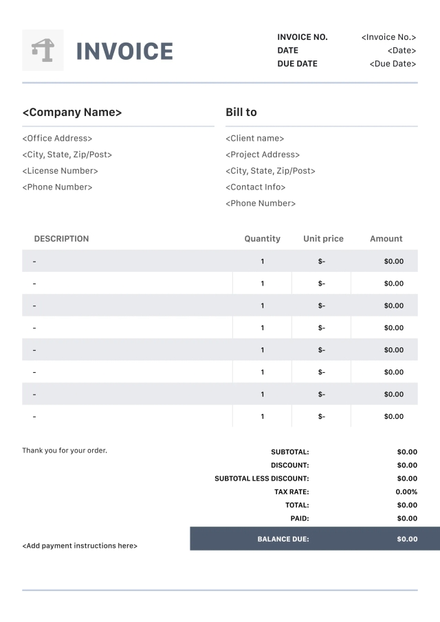 Classic construction invoice template