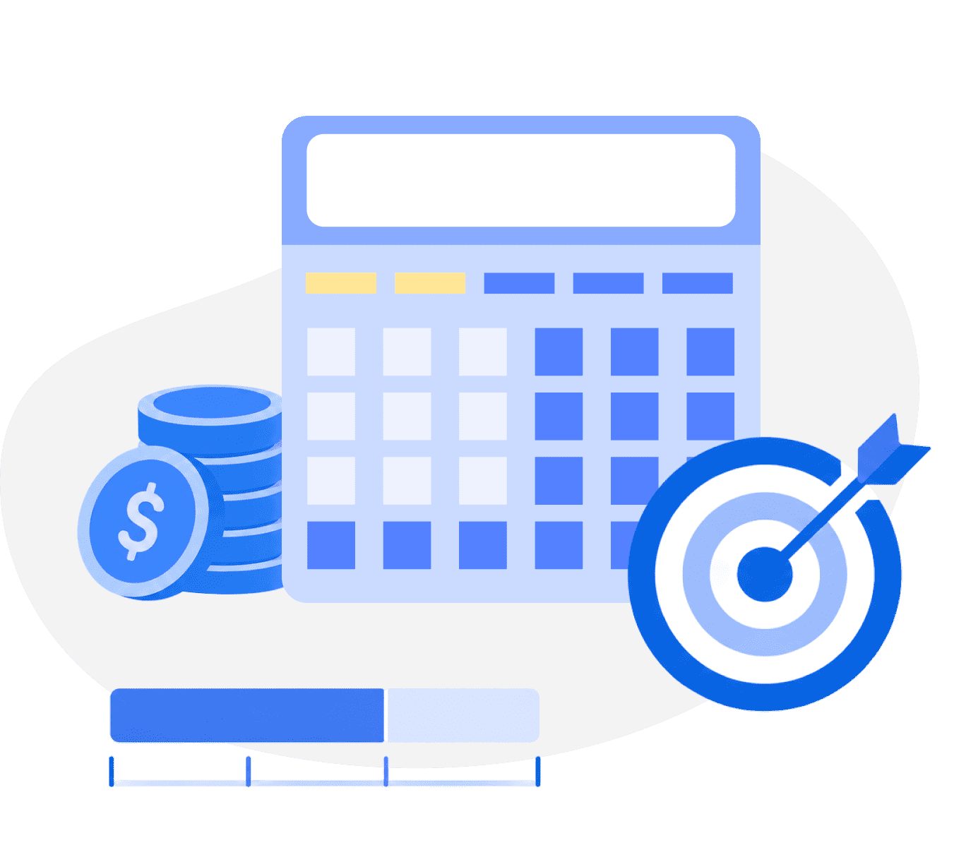 Calculator, coins, and a target illustrating an income goal