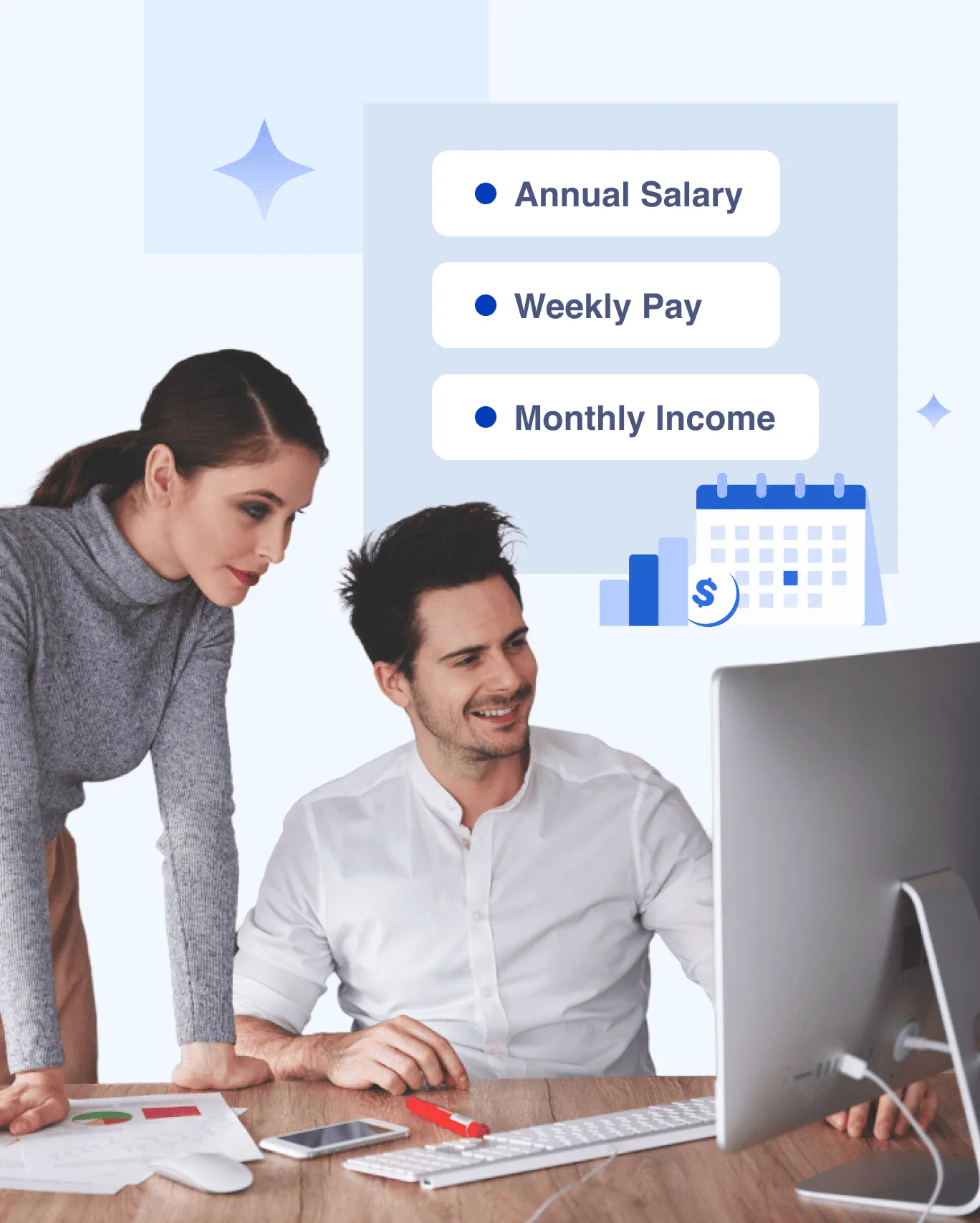 Colleagues comparing annual salary, weekly pay, and monthly income