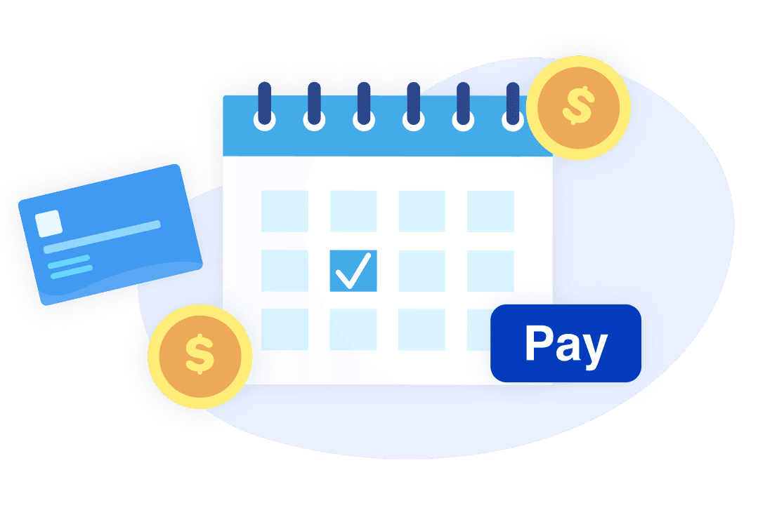 Payment calendar with a payment card, coins, and a Pay button