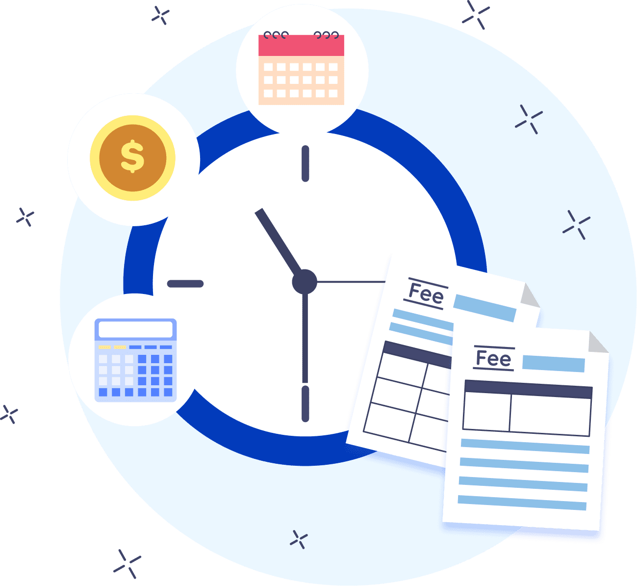 Clock with a calendar, calculator, coin, and late fee invoices