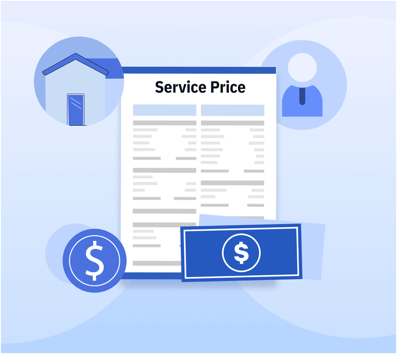Service price document with labor, business costs, and payment illustrations