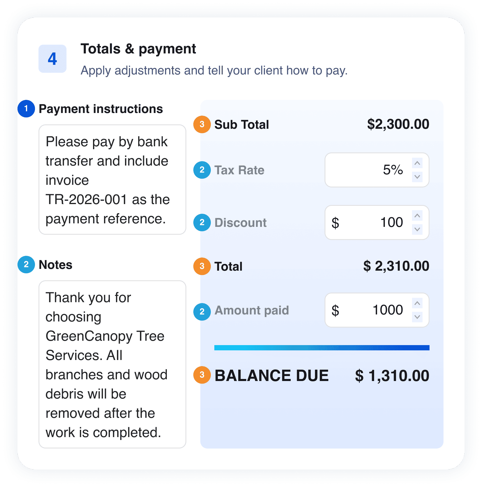 Totals and payment form