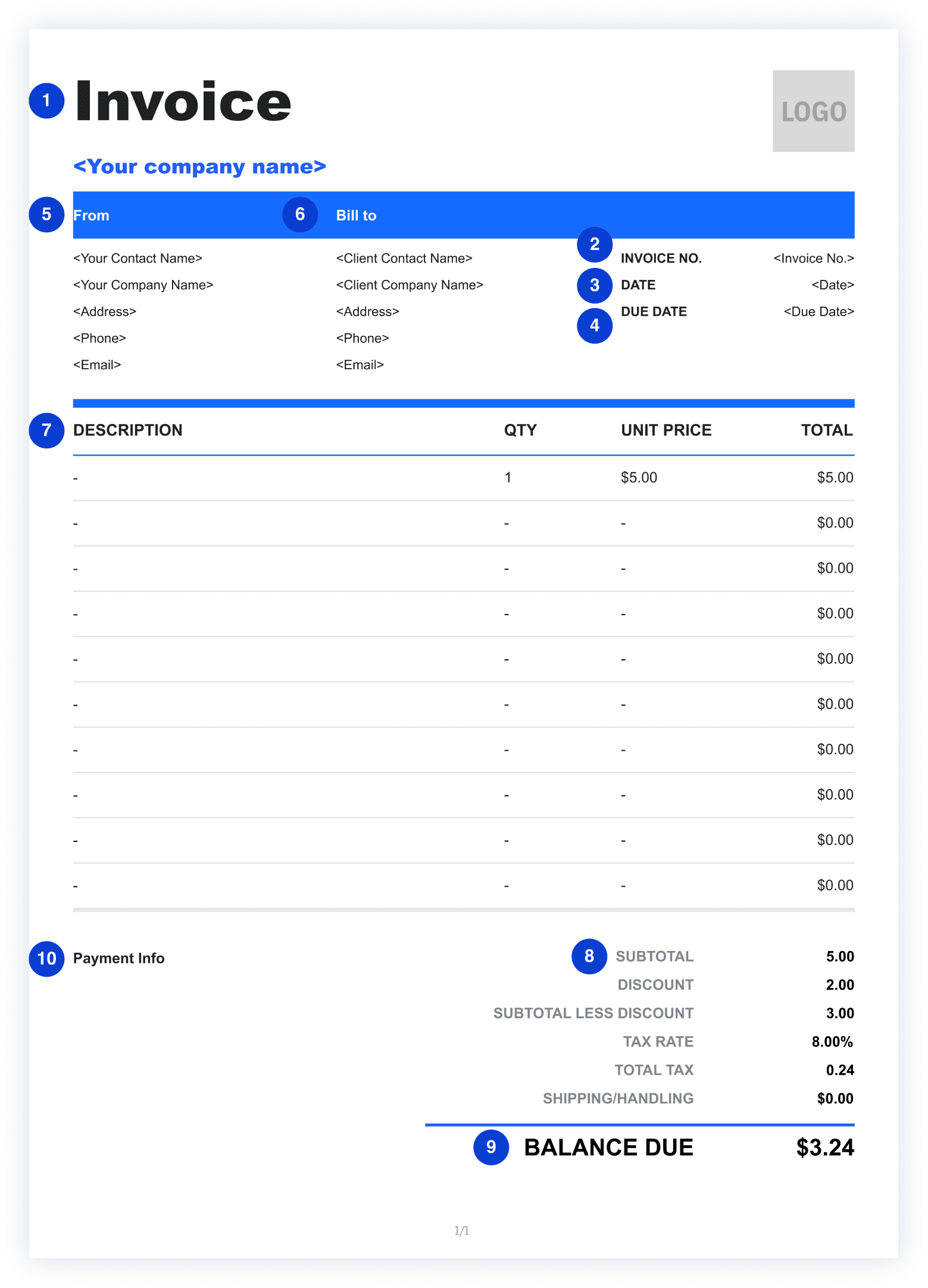 Invoice with its essential elements highlighted