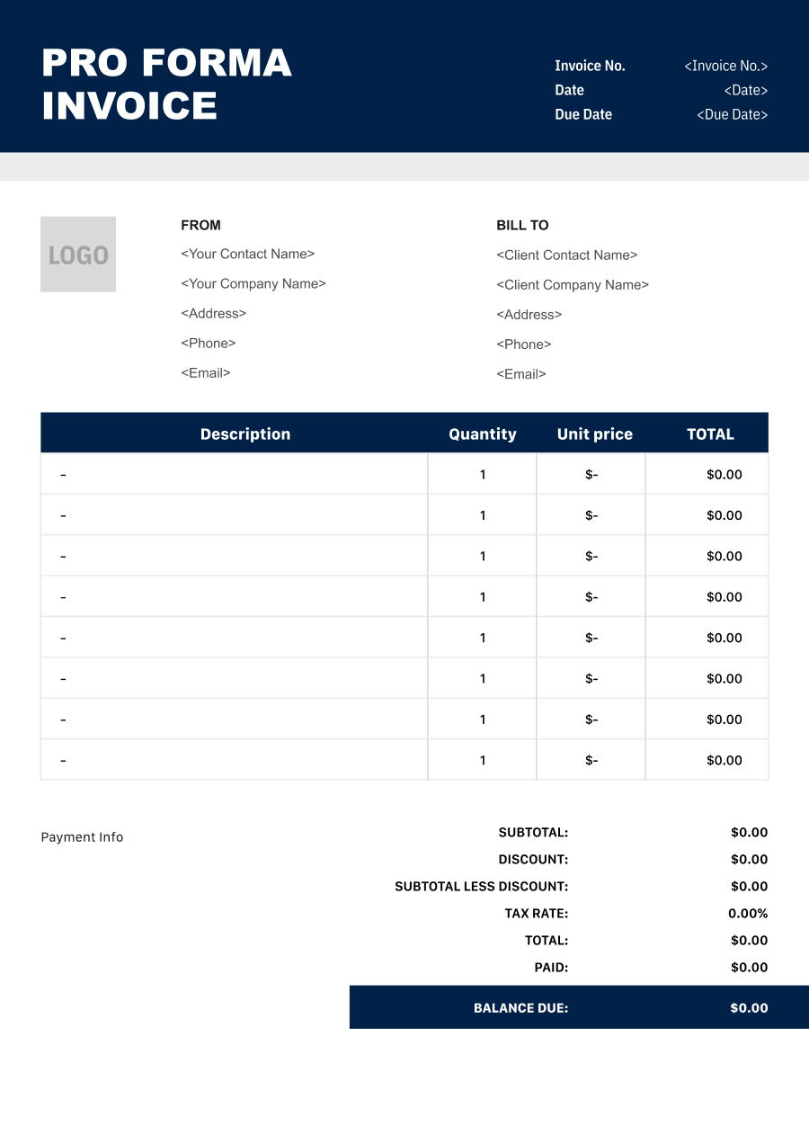 Clean Pro Forma invoice template